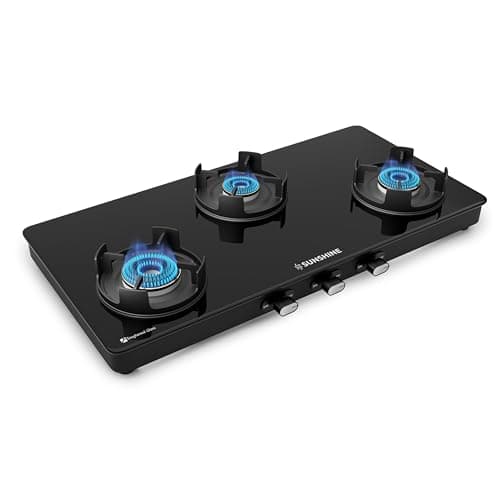 Sunshine Regal Pro 3 Burner | Toughened Glass Gas Stove | 5 Year Warranty on Burner and Glass | ISI Certified | Manual Ignition | 5G technology, LPG Ready & PNG Compatible (Premium Black) at ₹6,749 (41% Off) – Amazon