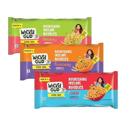 [Apply 50% Coupon] WickedGud Nourishing Instant Noodles Range Assorted | No Maida | No Palm Oil | No MSG | High Protein | High Fibre | Cholesterol Free, 240 grams x 3 at ₹86 (79% Off) - Amazon