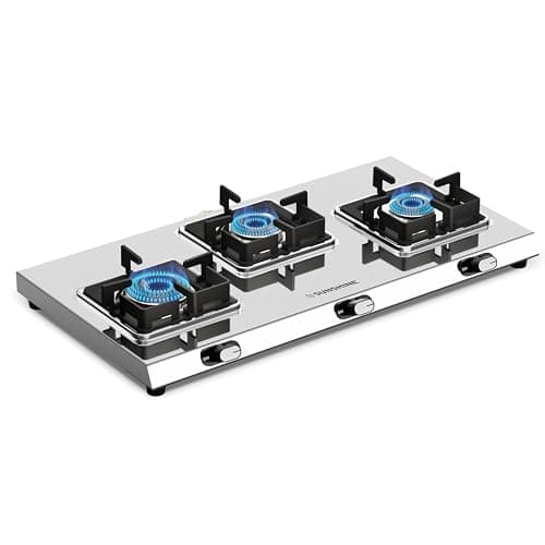 Sunshine Thunder 3 Burner Gas Stove | Warranty By Sunshine - 5 Year On Burner & Body | Stainless Steel Chulha | Manual Ignition, ISI Certified | 5G technology, LPG Ready & PNG Compatible (Silver) at ₹6,749 (60% Off) – Amazon