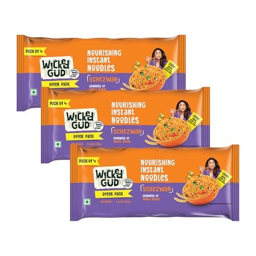 [Apply 50% Coupon] Wickedgud Whole Wheat Schezwan Noodles 240g (Pack of 4) x 3 | No Maida | No Palm Oil | Source of Protein at ₹147 (65% Off) - Amazon