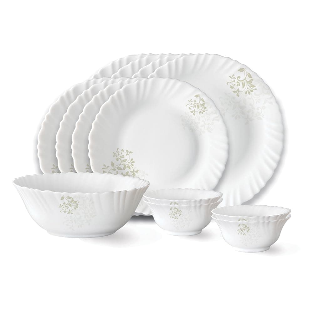 Larah by Borosil Ingot Fluted Opalware Dinner Set, 13 Pieces, White