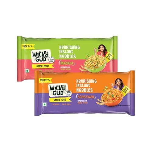 [Apply 50% Coupon] WickedGud Whole Wheat Masala & Schezwan Noodles | No Maida | No Palm Oil | Source of Protein | 240 g Each (Pack of 2, Total 480 g) at ₹97 (63% Off) - Amazon