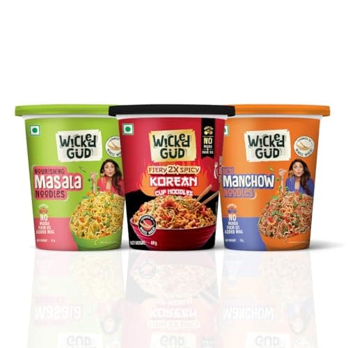 [Apply 50% Coupon] WickedGud Cup Noodles Variety Pack | Fiery Korean, Masala & Manchow Flavours | High Protein & Fiber | No Maida | 67 g, 69 g & 70 g Cups (Pack of 3) at ₹70 (66% Off) - Amazon