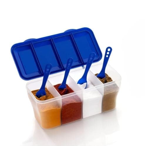 [Apply 3% Coupon] LEMBOSE Multipurpose Plastic 4 in 1 Masala Box for Kitchen, Transparent Pickel Box, 4 Compartment Storage Container Airtight for Cereal, Dry Fruits Dabba1800 Ml with 4 Spoons Rs. 144 - Amazon at ₹144 (76% Off) – Amazon