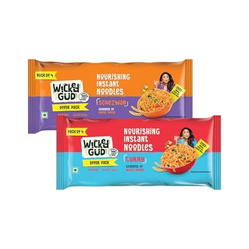 [Apply 50% Coupon] Wickedgud Whole Wheat Schezwan & Curry Noodles 240g Pack of 2| No Maida | No Palm Oil | Source of Protein at ₹105 (63% Off) - Amazon