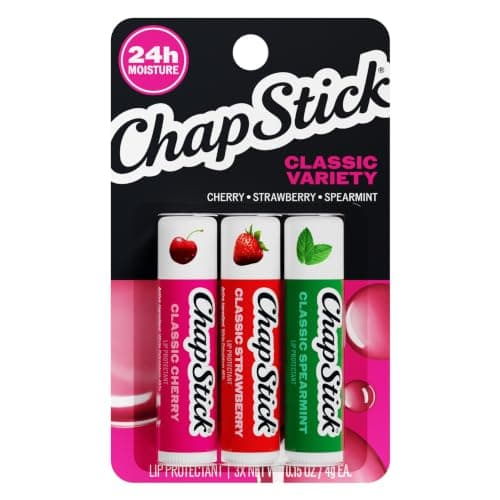 Chapstick 3 Pack, Cherry/Strawberry/Spearmint, Classic (3 Sticks) Cherry, Strawberry & Spearmint Flavor Skin Protectant Flavored Lip Balm Tube, 0.15 Ounce Each at ₹542 (64% Off) – Amazon