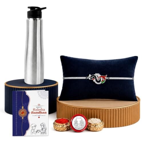 DeoDap Rakhi with Bottle for Brother – Multicolor Silver Bracelet Rakhi for Brother with Bottle, Silver Color Pooja Coin, Greeting Card & Tiak Set, Raksha Bandhan Occasion Combo Pack for Bhai at ₹127 (68% Off) – Amazon