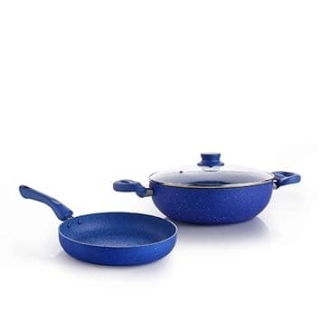 Crystal 225mm Kadai + 225mm Fry Pan with Glass Lid | 2Pcs Set| Blue at ₹647 – Amazon