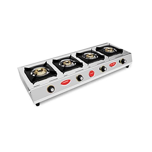 Sunshine CT900 WOC 4 Burner Gas Stoves | 2 Year Warranty On Body & Burner | ISI Certified | Stainless Steel Stove, Manual Ignition, LPG Ready (Silver) at ₹5,749 (58% Off) – Amazon