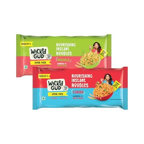 [Apply 50% Coupon] Wickedgud Whole Wheat Masala & Curry Noodles 240g Pack of 2| No Maida | No Palm Oil | Source of Protein at ₹97 (63% Off) - Amazon