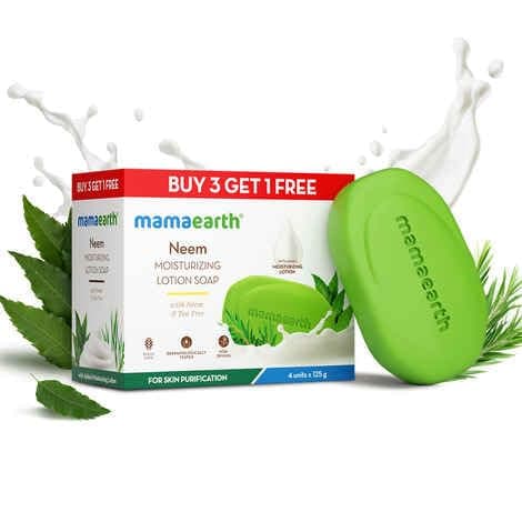 Mamaearth Neem Moisturizing Lotion Soap with Neem & Tea Tree for Skin Purification (3 + 1 Free) - (125 gm x 4) | Units For Skin Protection | Soothes Inflammation | Deeply Cleanses | 76% TFM Grade 1 Soap at ₹145 (51% Off) – Amazon