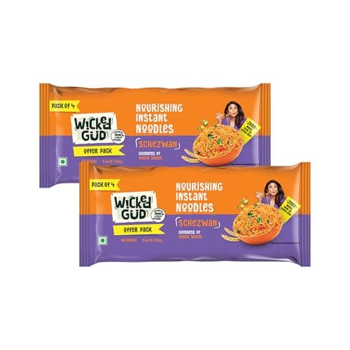 [Apply 50% Coupon] WickedGud Whole Wheat Schezwan Noodles | No Maida | No Palm Oil | Source of Protein | 240 g Each (Pack of 2, Total 480 g) at ₹105 (63% Off) - Amazon