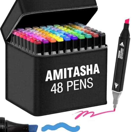 Amitasha 48 Pc Dual Tip Chisel + Markers Double-Sided Pen Set For Drawing Sketching Coloring Artist Fine Line, Professional Permanent Sketch Markers for Kids Adult at ₹299 (85% Off) – Amazon