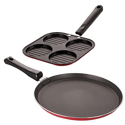 Nirlon Nonstick Cookware Combo Set of 2 Pieces Dishwasher Safe Including Casting Uttapam-4 Cavity & Flat Tawa-24cm (Color-Red) at ₹540 – Amazon