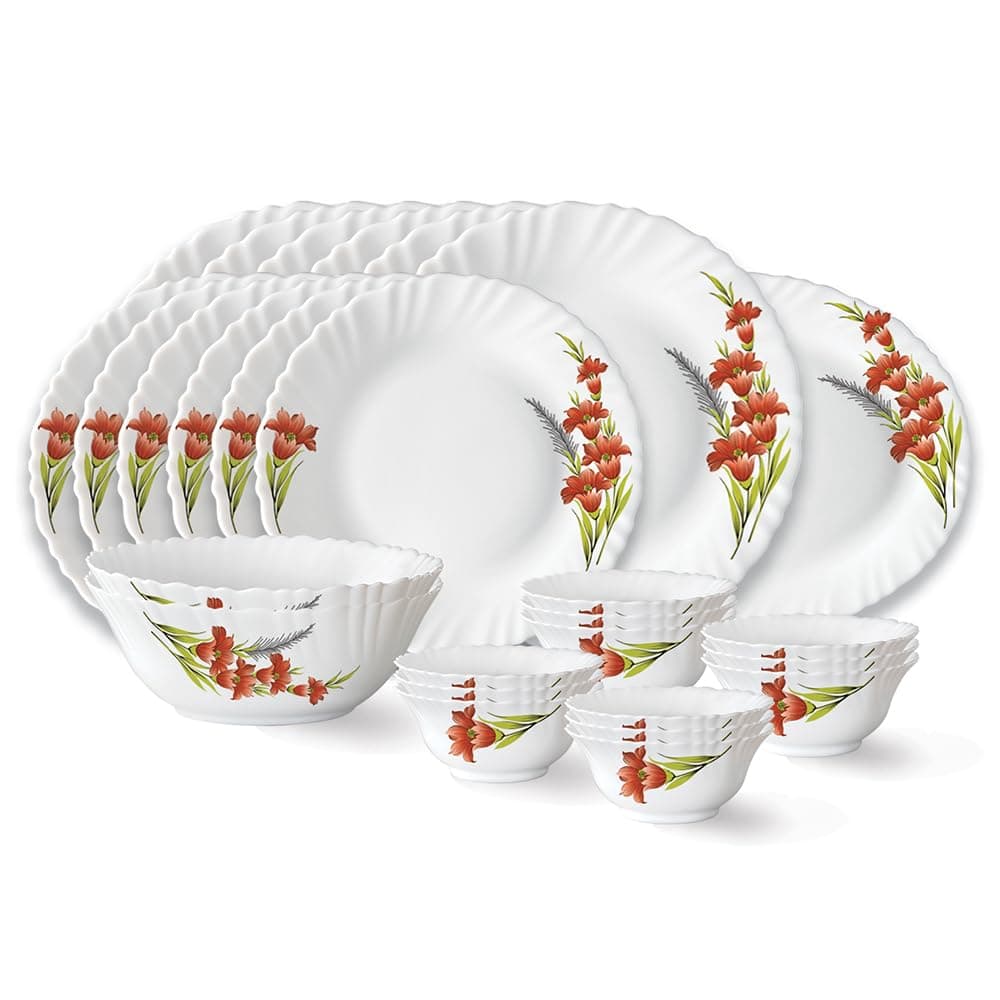Larah by Borosil Red Iris Opalware Dinner Set