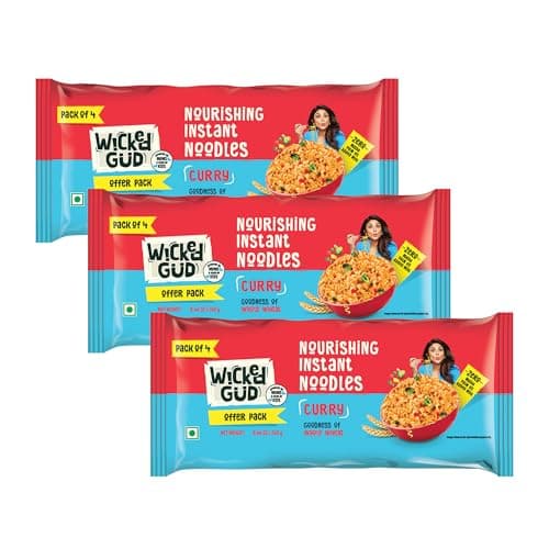 [Apply 50% Coupon] Wickedgud Whole Wheat Curry Noodles 240g (Pack of 4) x 3 | No Maida | No Palm Oil | Source of Protein at ₹157 (63% Off) - Amazon