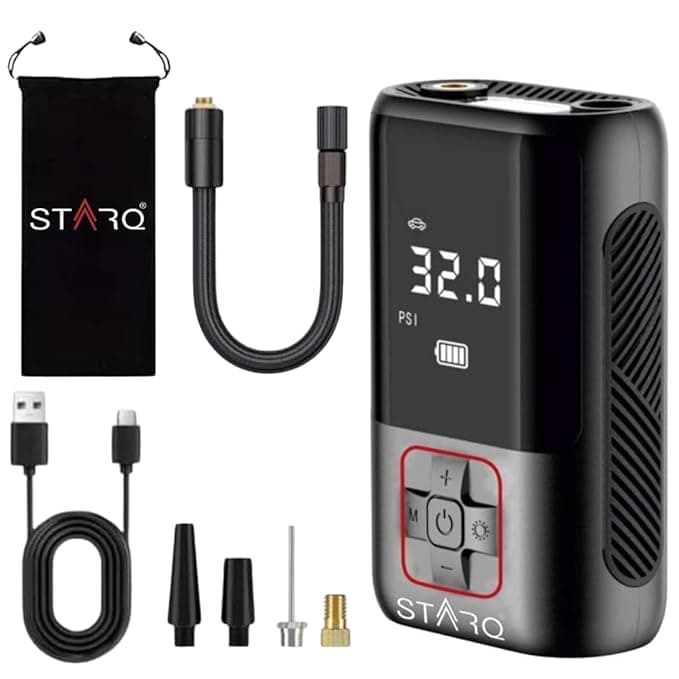 STARQ Inflate Pro Portable 2-in-1 Tyre Inflator/Air Compressor (150 PSI, 4000mAh) at ₹999 (83% Off) – Amazon