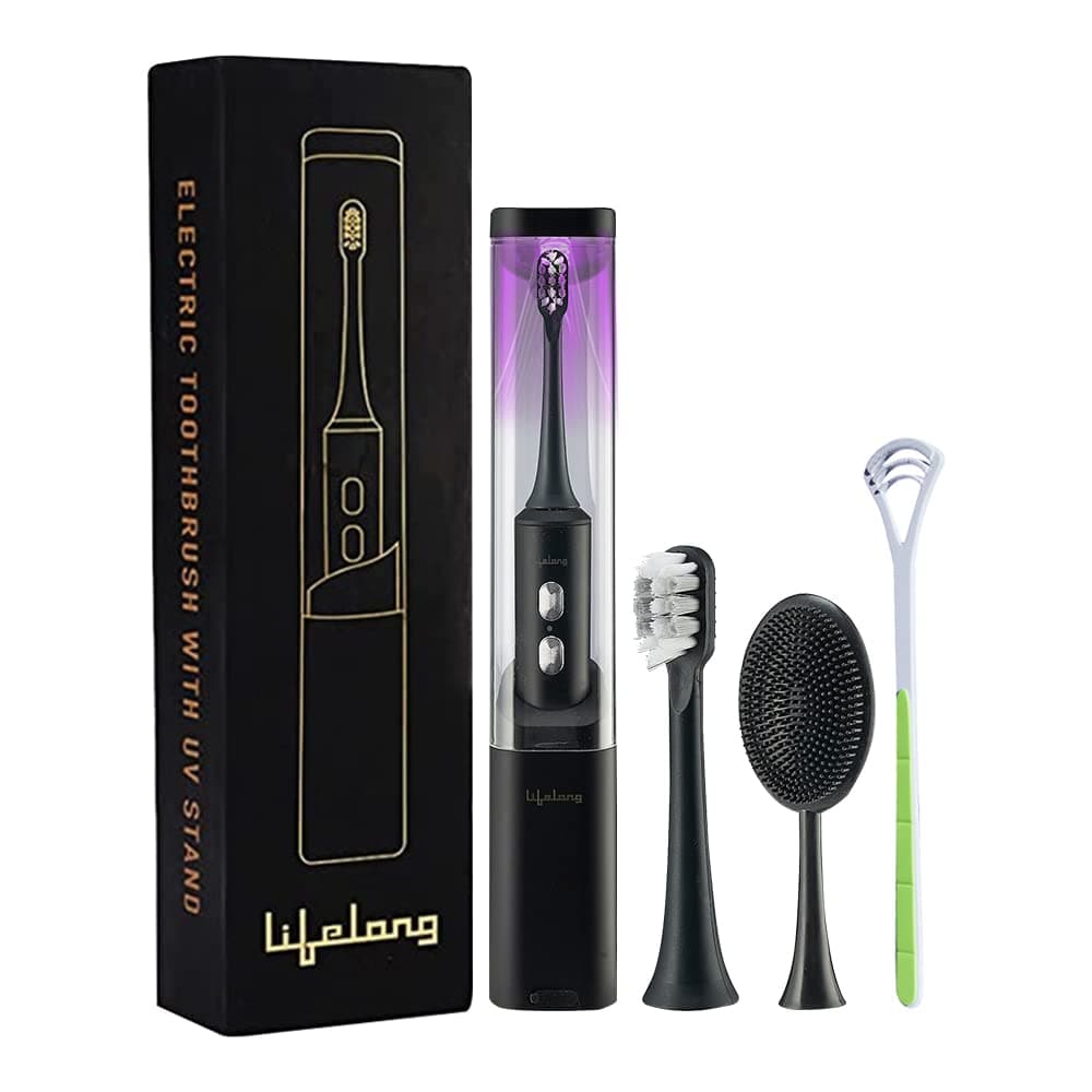 Lifelong Electric Toothbrush with UV sealed Sterilization |3X Plaque Removal | Ideal for Sensitive Gums & Teeth, Fresh Breathe & Brighter Smile |1 Handle,2 Brush Heads,1 Charging cable,1 tongue cleaner| Upgrade to Advanced Technology (LLDC117, Black) at ₹1216 (85% Off) – Amazon