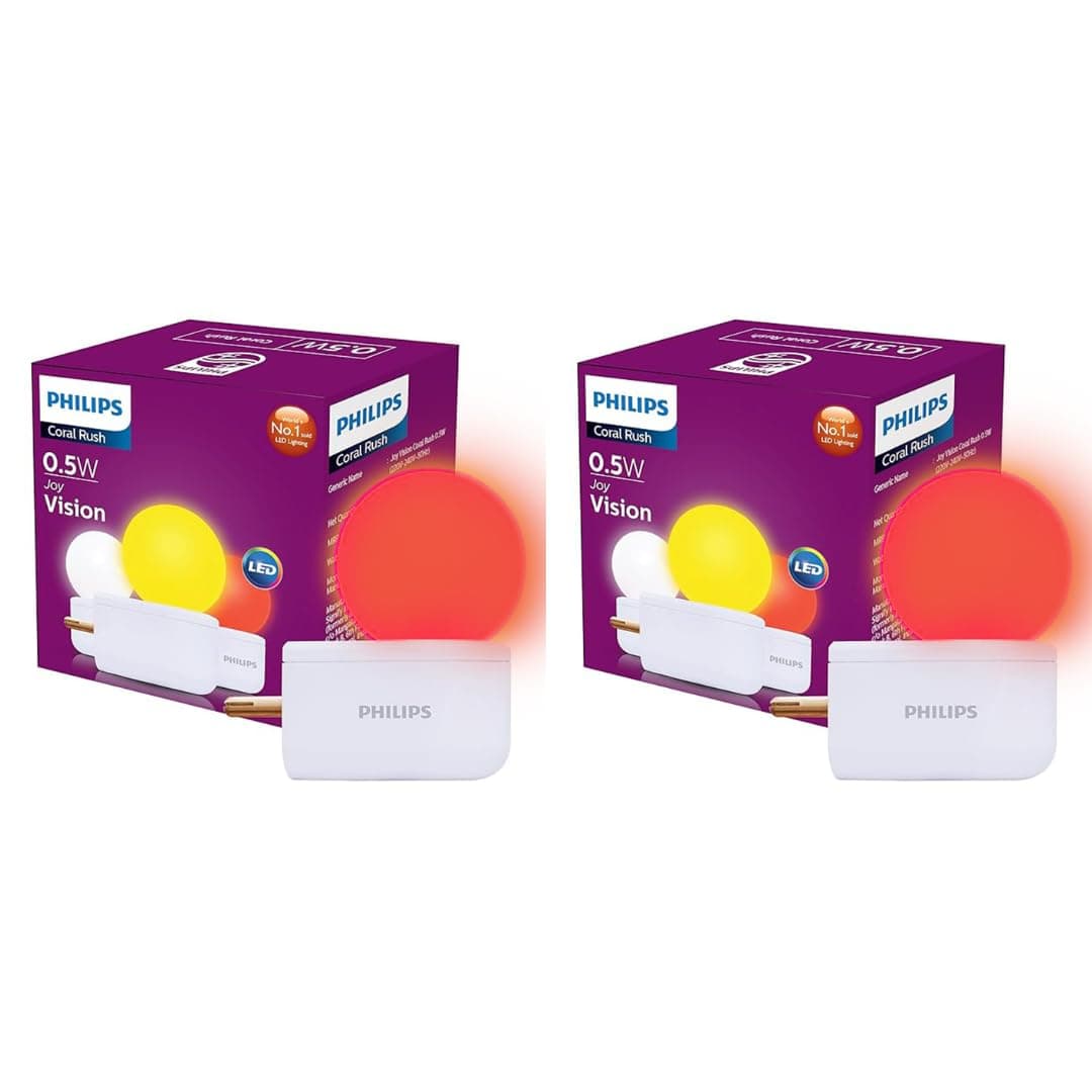 Philips Joy Vision Coral Rush 0.5W LED Night Lamp — Soft White Glow — Energy Efficient — Plug-in Prong Design — Ideal for Bedroom, Kids Room & Hallway (Red, Pack of 2)