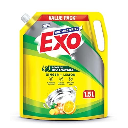 Exo Anti-Bacterial Liquid Dishwash Gel - 1.5L Value Pack| Anti-Bacterial Formula with G... at ₹169 (50% Off) – Amazon