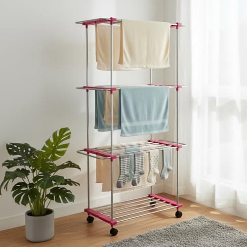 Amazon Brand - Solimo Plastic 3 Layer Cloth Drying Stand with Shoe Drying Section | Dimensions: 110 * 46 * 179 Cm (White and Pink) at ₹1598 (66% Off) – Amazon