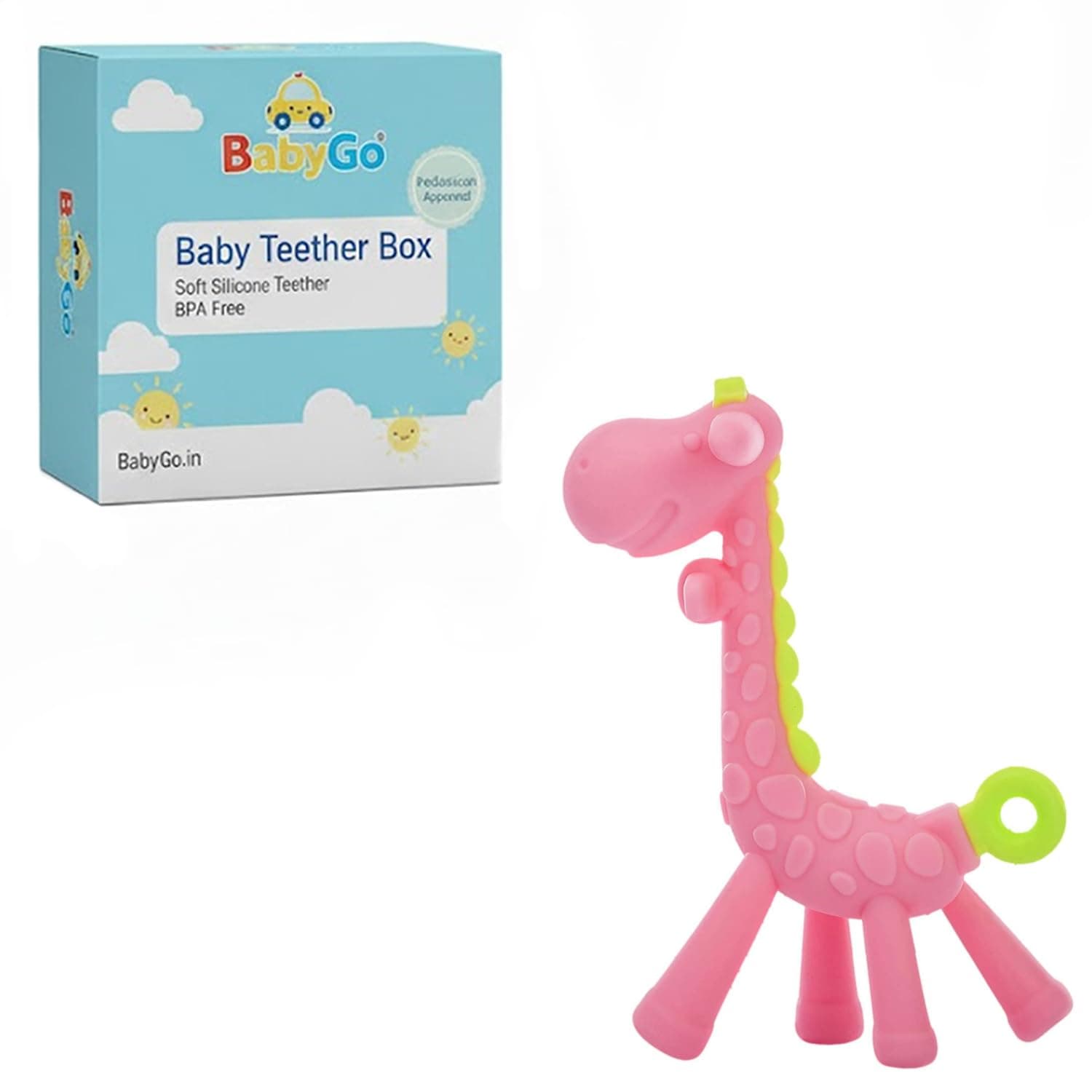 BabyGo Silicone Giraffe Teether Toy, Soft Chewing Soother, Pink