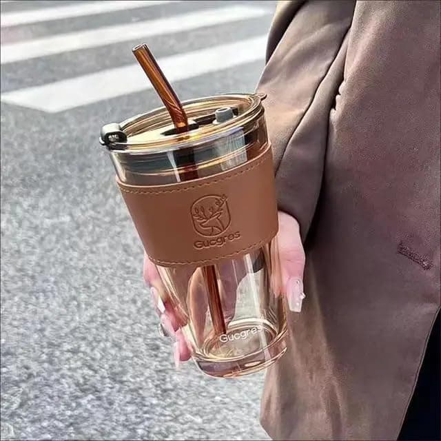KiKiluxxa Reusable Glass Tumbler with Leather Grip – Pack of 1, Airtight Coffee Sipper Mug with Lid & Straw, Multipurpose Drink Cup for Juice, Water, Smoothies, Cocktail, Home & Travel Bottle-400ml Rs. 279 - Amazon at ₹279 (72% Off) – Amazon