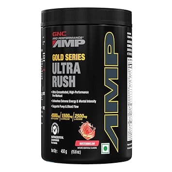 GNC AMP Gold Series Ultra Rush Pre-Workout | 450 gm | 30 Servings | Maximum Energy & Stamina | Deep Mental Focus | Powerful Muscle Pump | 4. at ₹1099 – Amazon