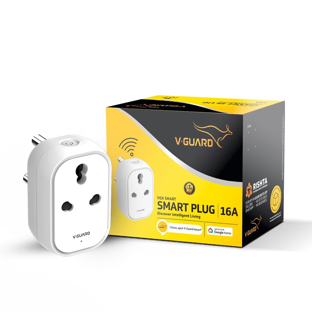 V-Guard 16A Smart Plug with Bluetooth & WiFi, Voice Control via Alexa & Google Home, White
