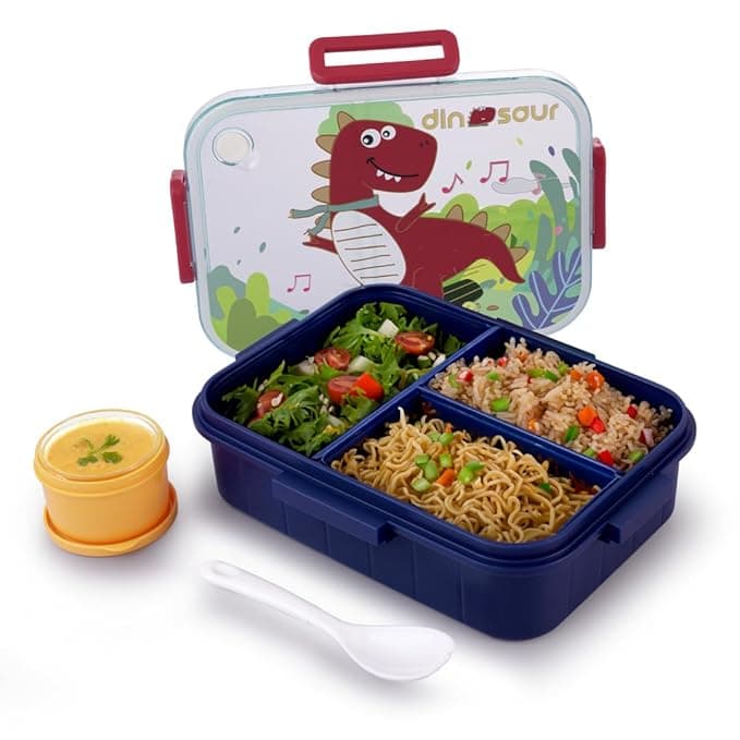 ATTRO Quick 3 Lunch Box Dinosaur Theme with Includes 3 Compartments, 1 Small Container & Baby Spoon, BPA-Free, Food-Grade Perfect for Kids - at ₹215 – Amazon