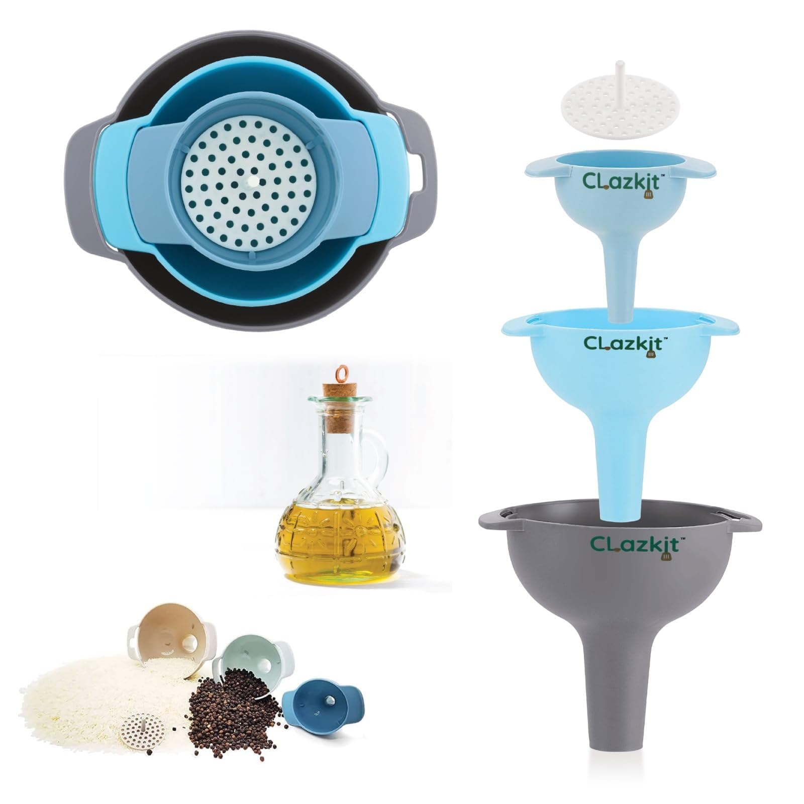 Clazkit 3-Piece Nested Kitchen Funnel Set with Strainer at ₹89 – Amazon