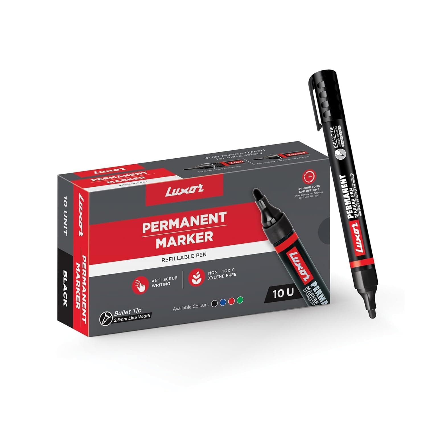 Luxor Refillable Permanent Marker Pen, Black Ink, Pack of 10 | Bold & Smudge-Resistant Writing | Works on Plastic Glass Metal & Cardboard | Long-Lasting Eco-Friendly Markers for Office School & Home at ₹130 (35% Off) – Amazon