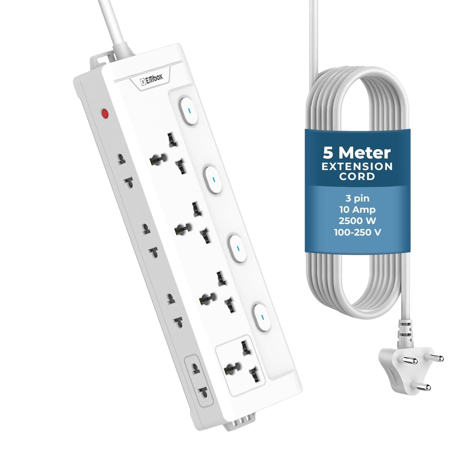 EMBOX 5 Meter Extension Board, 4 Universal Sockets, Surge Protector, 2500W at ₹448 (79% Off) – Amazon