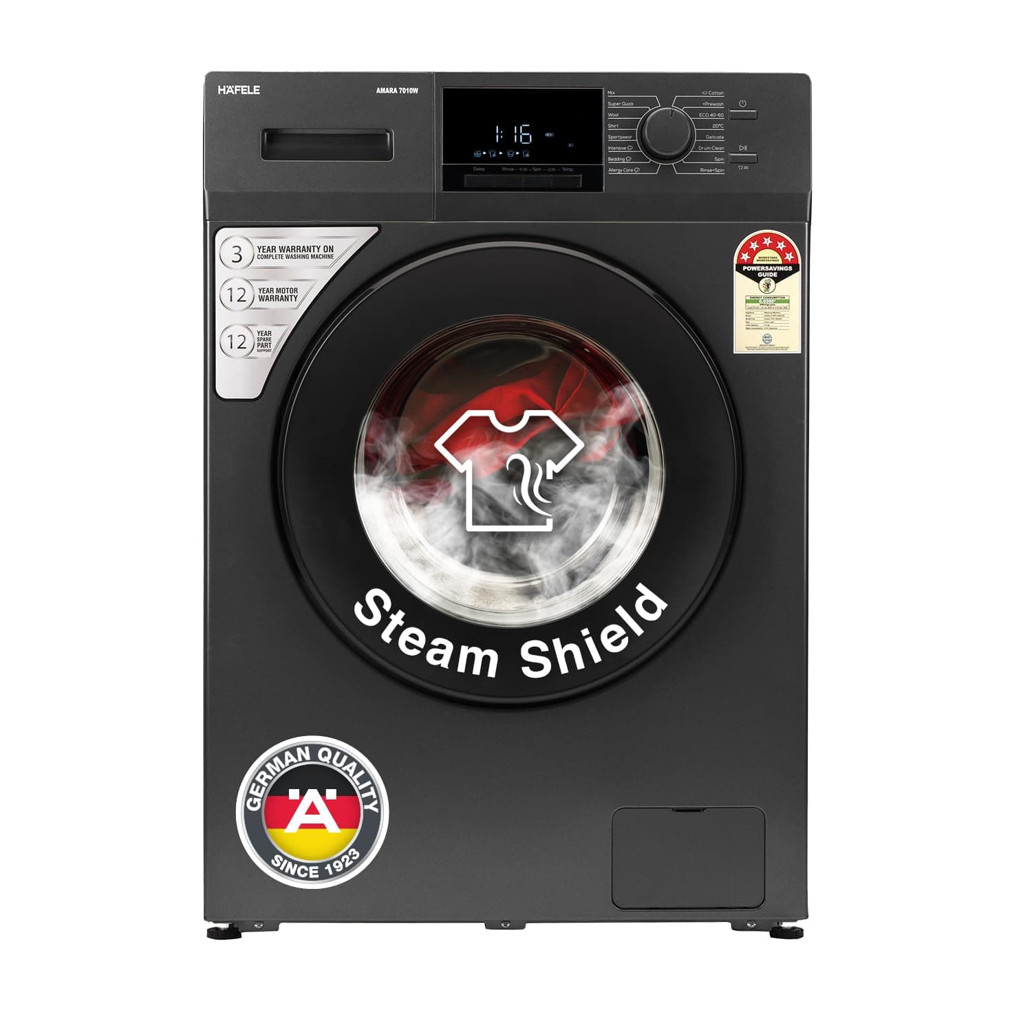 HAFELE AMARA 7 kg 5 Star, Premium Fully Automatic Front-Load washing machine engineered using German technology, comes with Steam Shield and at ₹21490 – Amazon