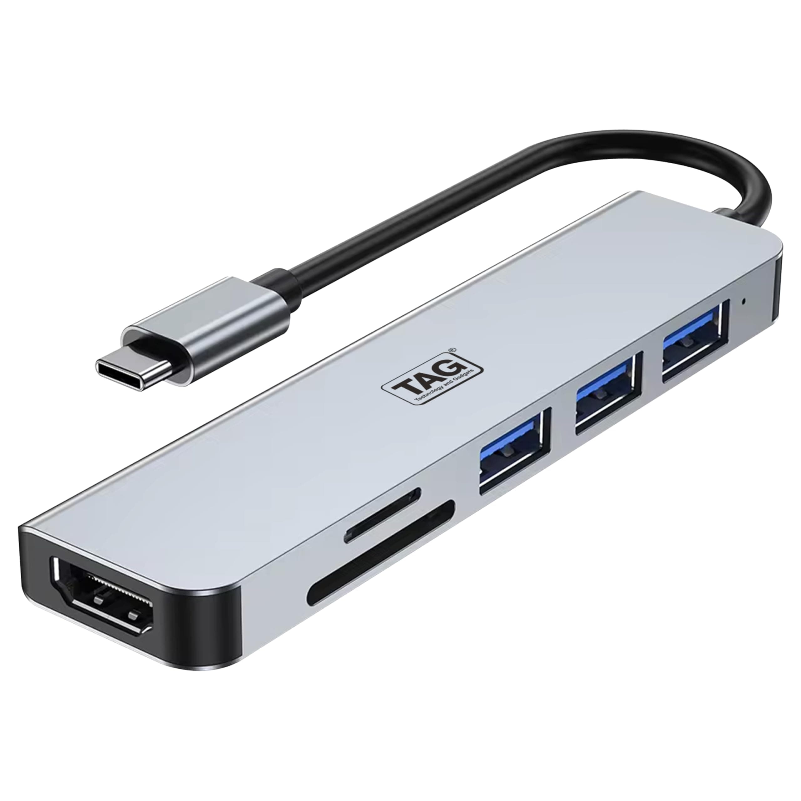 TAG USB-C Multiport Hub Dock 6 in 1 HDCP Aluminum Type-C Adapter with 4K HDMI Port, 1 x USB 3.0, 2 x USB 2.0 Ports, SD/TF Card Reader, for All Type-C Devices - MacBook Laptop, PC, Thunderbolt 3