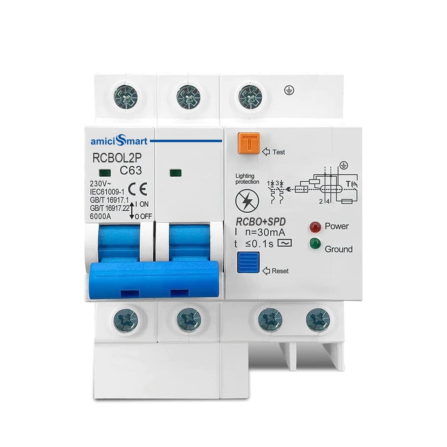 amiciSmart 63A Single Phase Circuit Breaker with Leakage & Lightning Protection