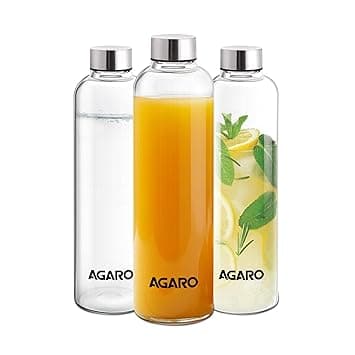 AGARO Elite Borosilicate Glass Water Bottles, Pack of 3, 1000ml Capacity Each, Microwave & Freezer Safe, Leak Proof & Airtight Lid, Scratch at ₹629 – Amazon