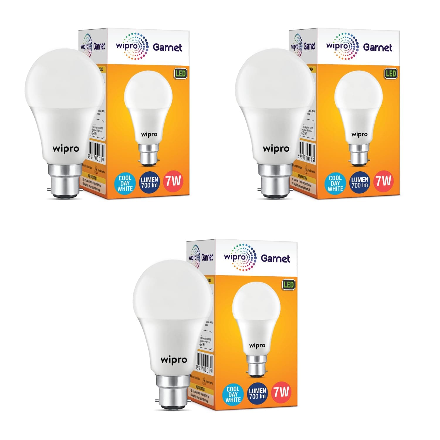 wipro 7W B22 LED Cool Day Light Bulb, Pack of 3, (Garnet) at ₹145 (79% Off) – Amazon