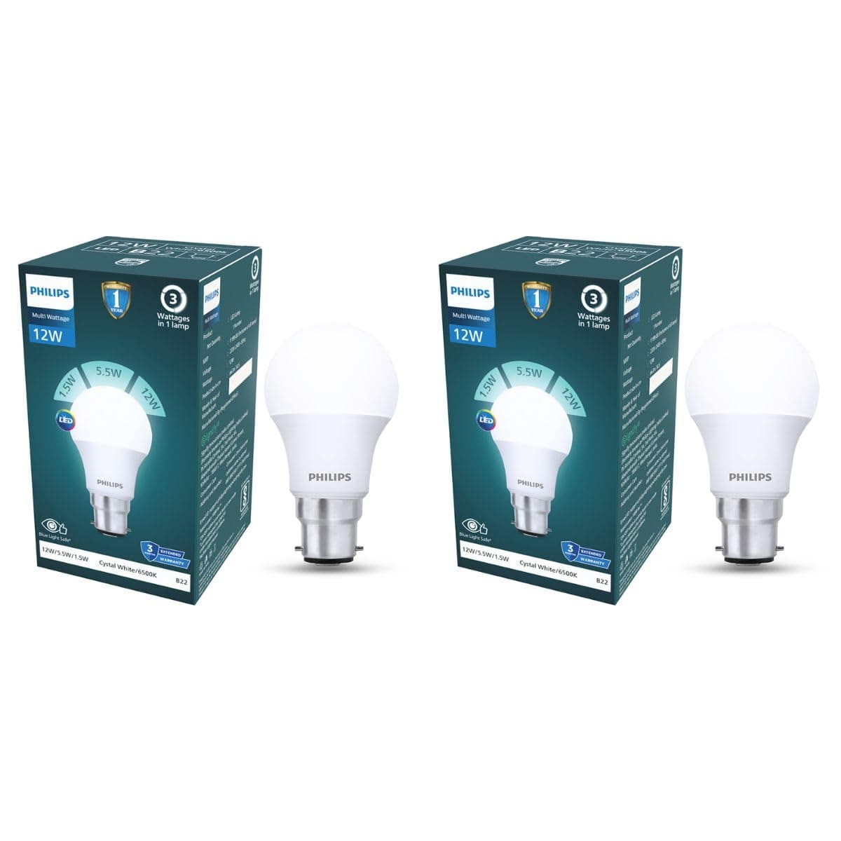 Philips 12W Dimmable LED Bulb, B22 Base, Cool White 6500K (Pack of 2)