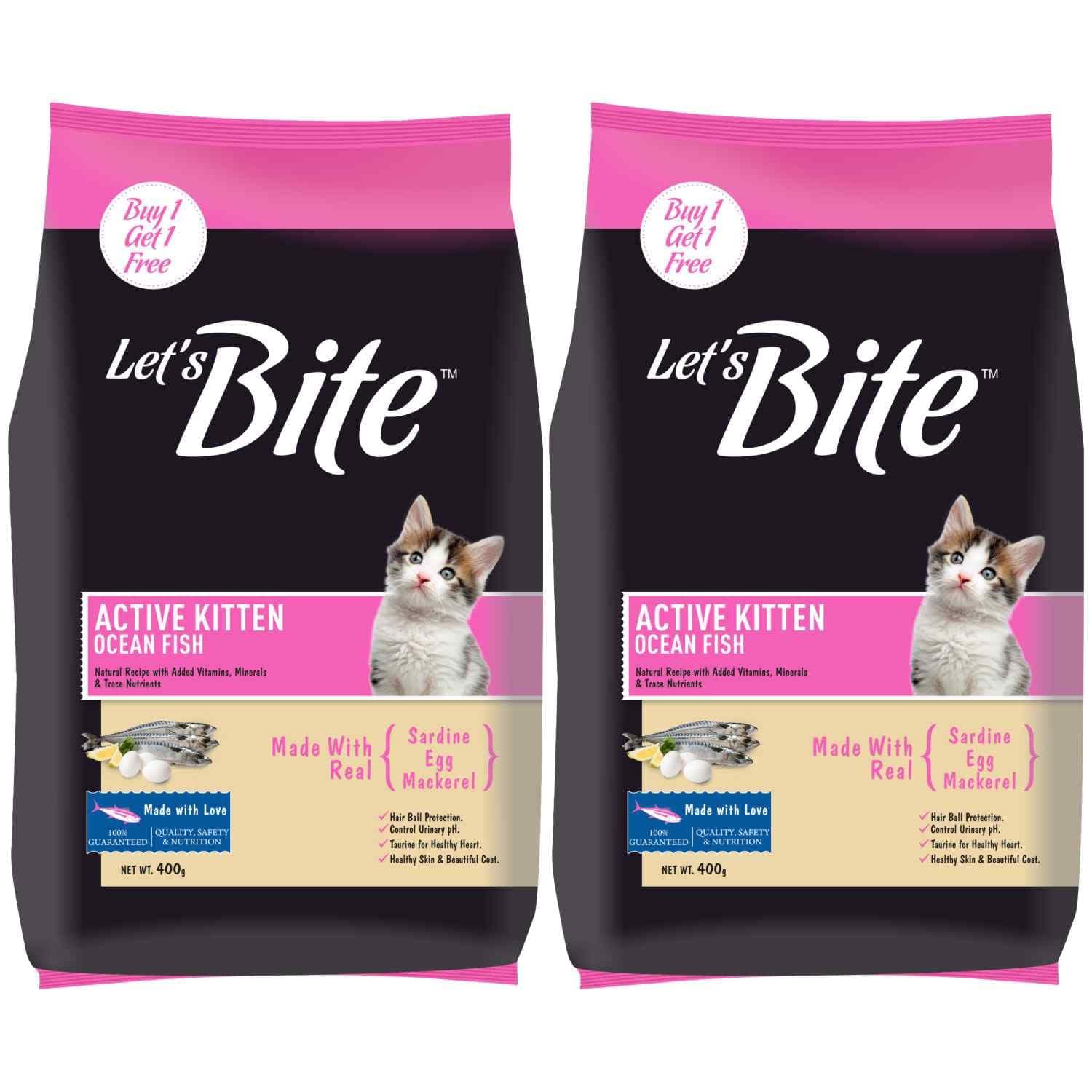 Let's Bite Active Kitten Dry Cat Food, Ocean Fish, 400g + 400g Pack