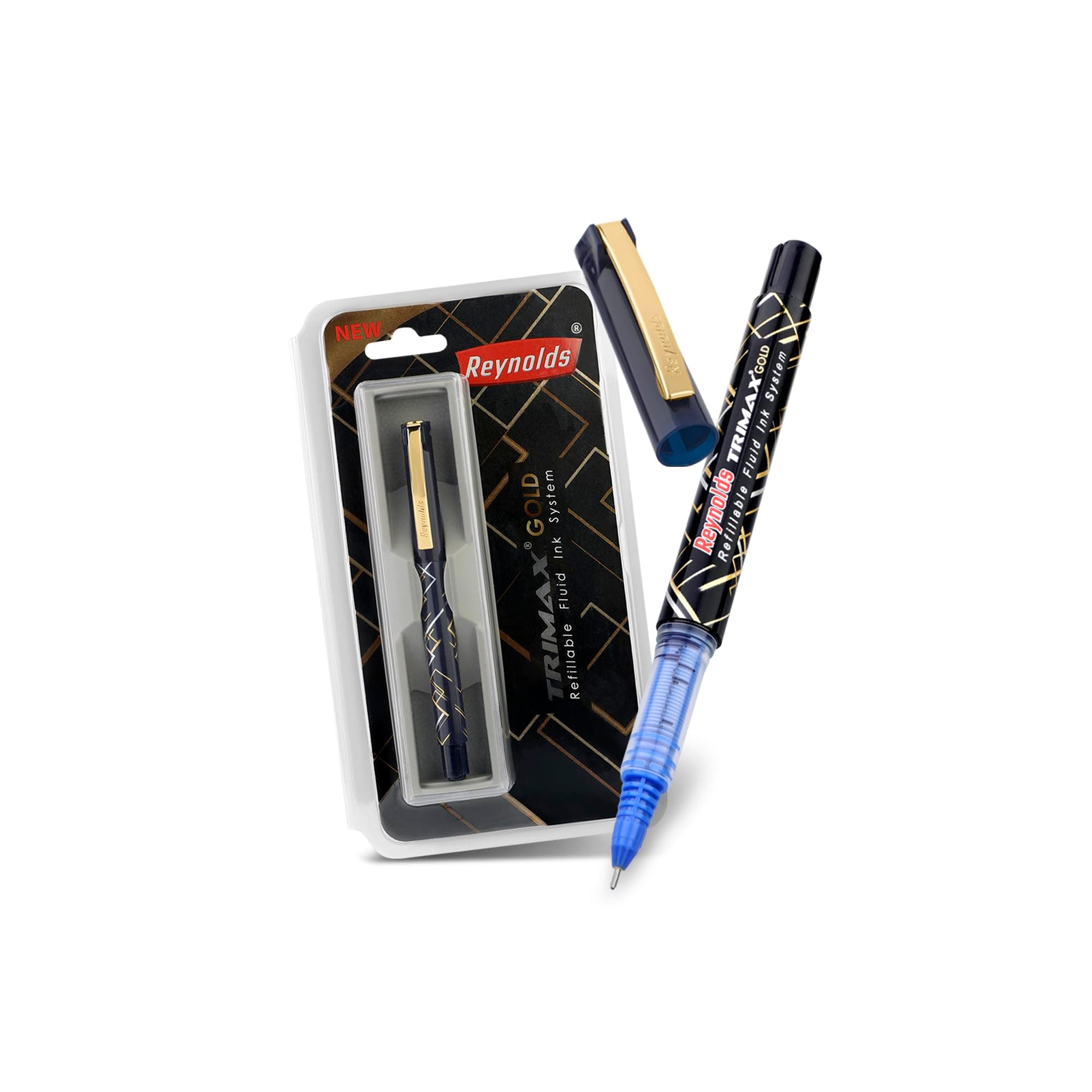 Reynolds Trimax Gold Rollerball Pen (0.5mm, Blue) at ₹93 (6% Off) – Amazon