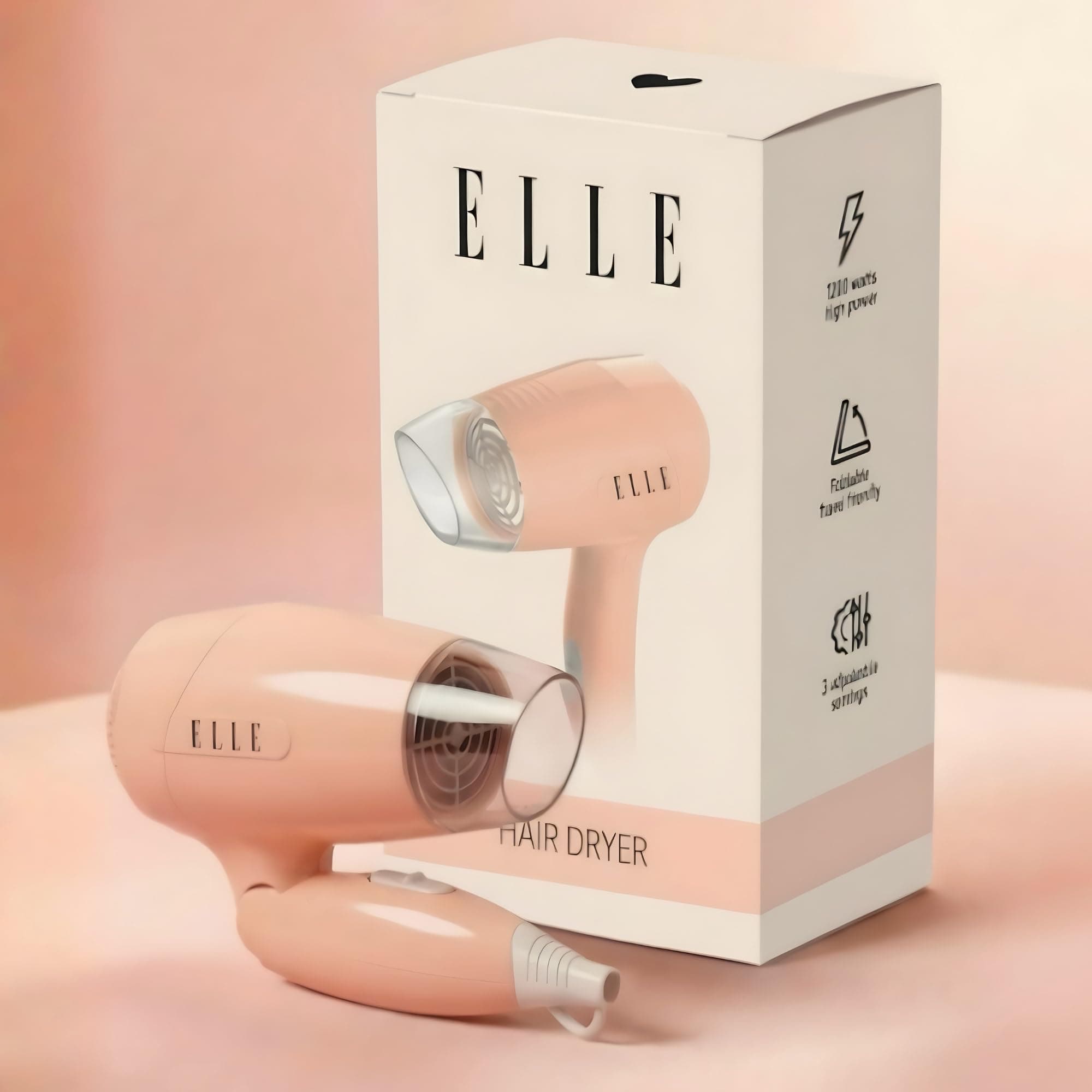 ELLE Hair Dryer 1200W Foldable, 3 Heat Settings with Cool Shot