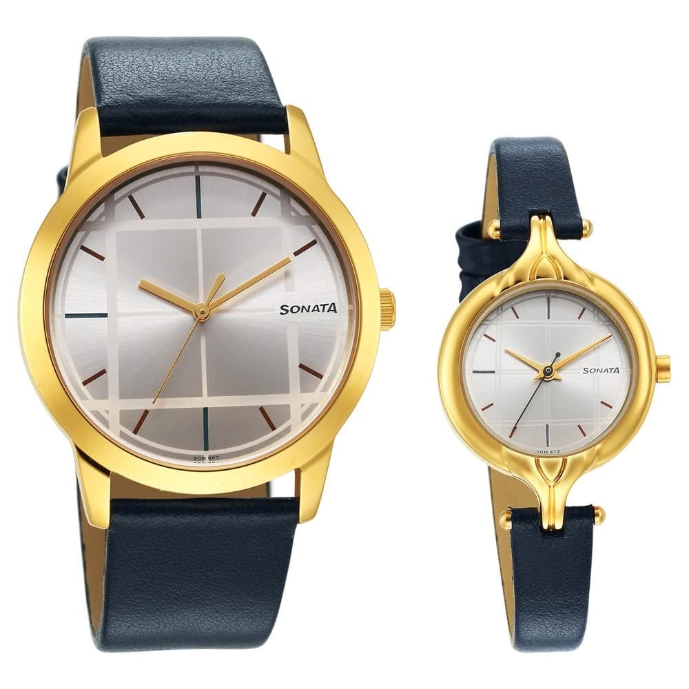 Sonata Quartz Analog Couple Watch Set, Silver Dial, Leather Strap, Pair of 2