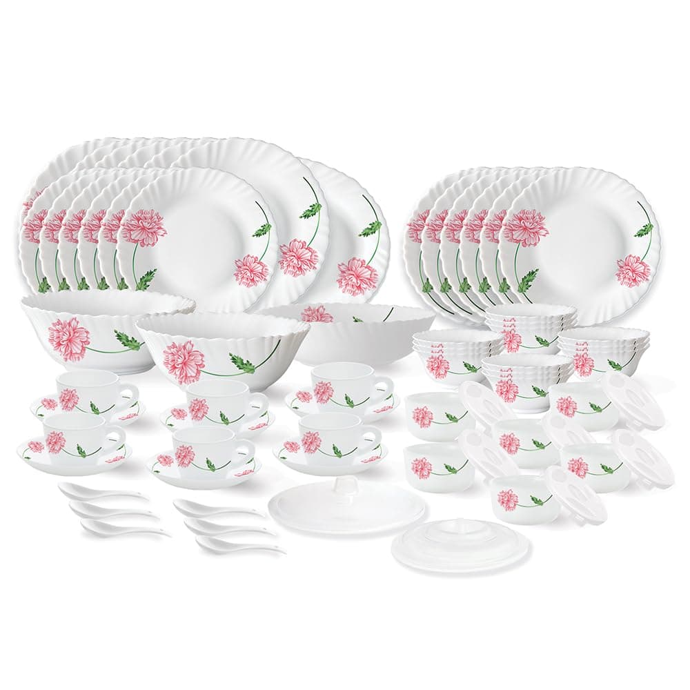 Larah by Borosil Red Mist Fluted Series Opalware Dinner Set | 66 Pieces for Family of 6 | Microwave & Dishwasher Safe | Bone-Ash Free | Croc at βΉ3395 β Amazon