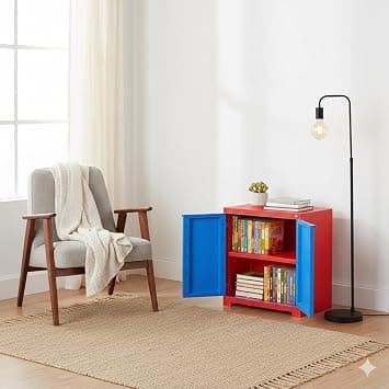Cello Novelty Compact Bookshelf, Red & Blue | 2 Dustproof Doors | Space Saving Cupboard | Plastic Book Shelf | Multipurpose Book Shelf for H at ₹1868 – Amazon