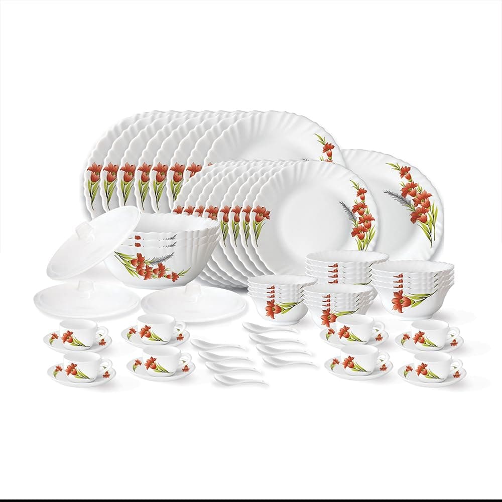 Larah by Borosil Red Iris Fluted 63-Piece Opalware Dinner Set at ₹2744 (61% Off) – Amazon