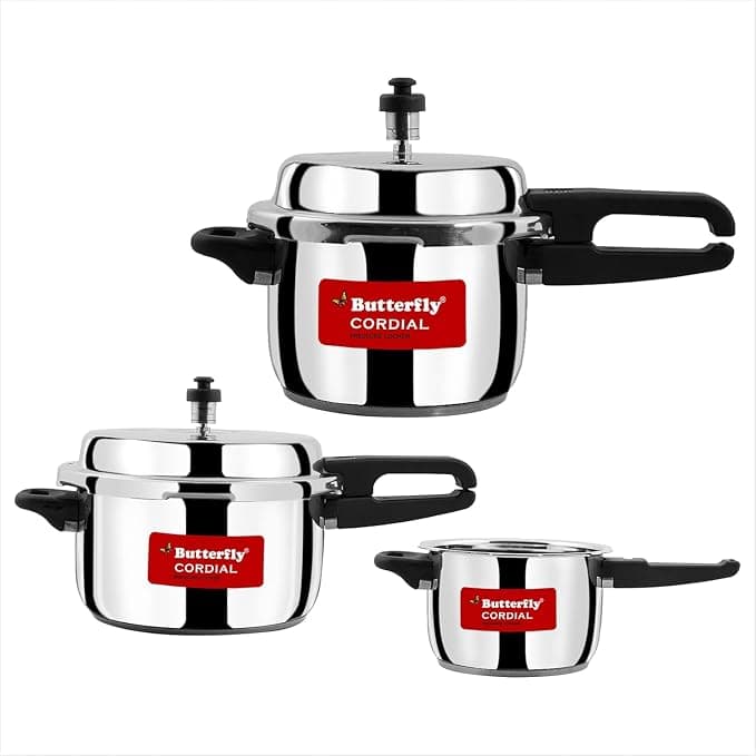 Butterfly Cordial Stainless Steel Pressure Cooker Combo (2L + 3L + 5L, Induction & Gas) at ₹2,879 (63% Off) – Amazon