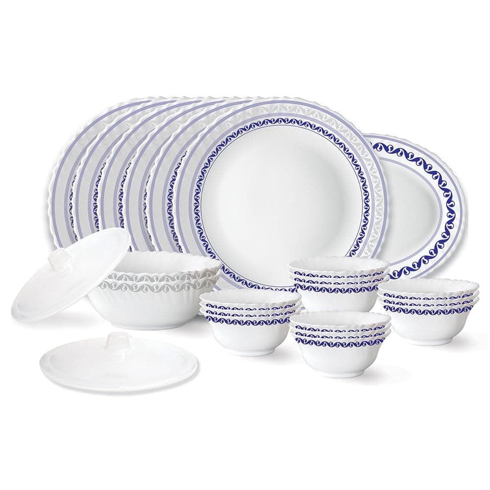 Larah by Borosil Jazzblue Fluted Series Opalware Dinner Set | 23 Pieces for Family of 6 | Microwave & Dishwasher Safe | Bone-Ash Free | Crockery Set for Dining & Gifting | Plates & Bowls | White at ₹1714 (47% Off) – Amazon