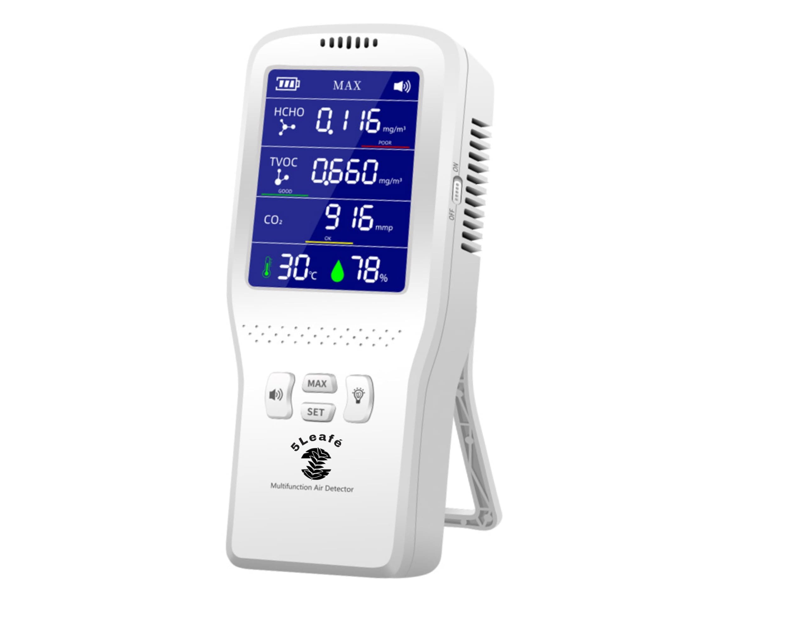 Portable Digital Air Quality Monitor, CO2 HCHO TVOC Detector with Temperature & Humidity