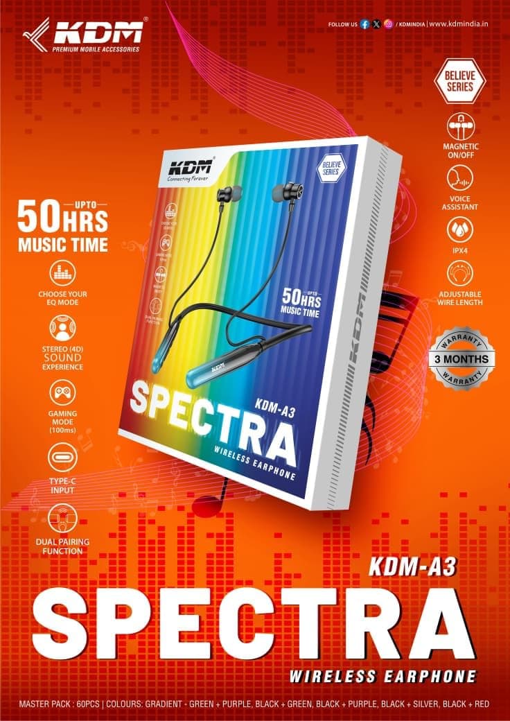 KDM A3 Spectra Wireless Neckband Earphones (V5.4, 50H Playtime) at ₹518 (79% Off) – Amazon